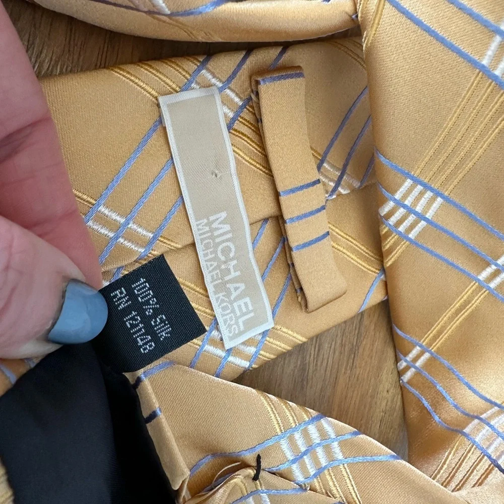 Michael Kors Gold and Carolina Blue‎ Plaid Tie Silk Work Academic